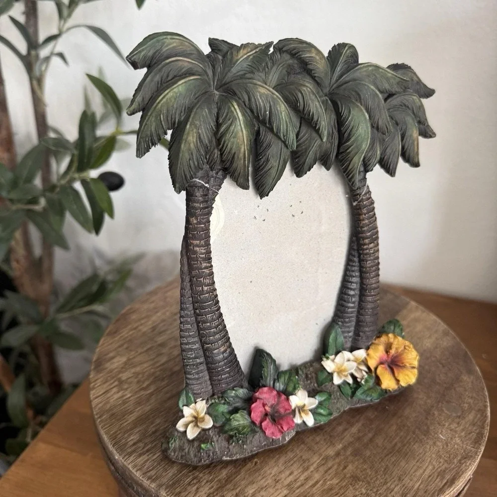 Vintage Tropical Beach Palm Tree 4x6 Ceramic Picture Frame Hibiscus Hawaii Decor